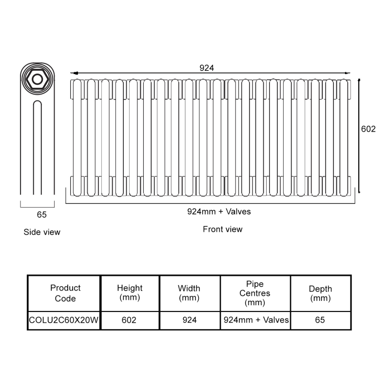 EcoRad Legacy White 2-Column Radiator 600mm High x 924mm Wide 20 Sections
