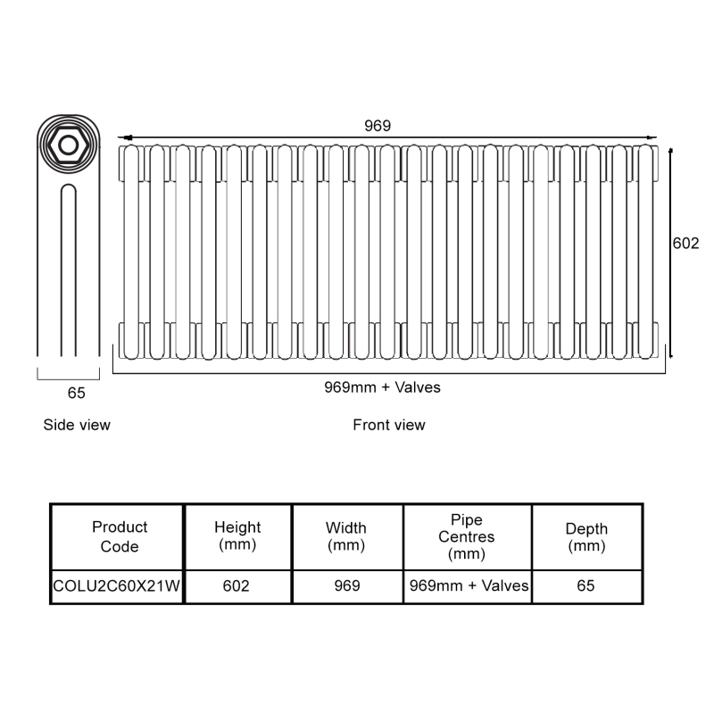 EcoRad Legacy White 2-Column Radiator 600mm High x 969mm Wide 21 Sections  | Dimension Image