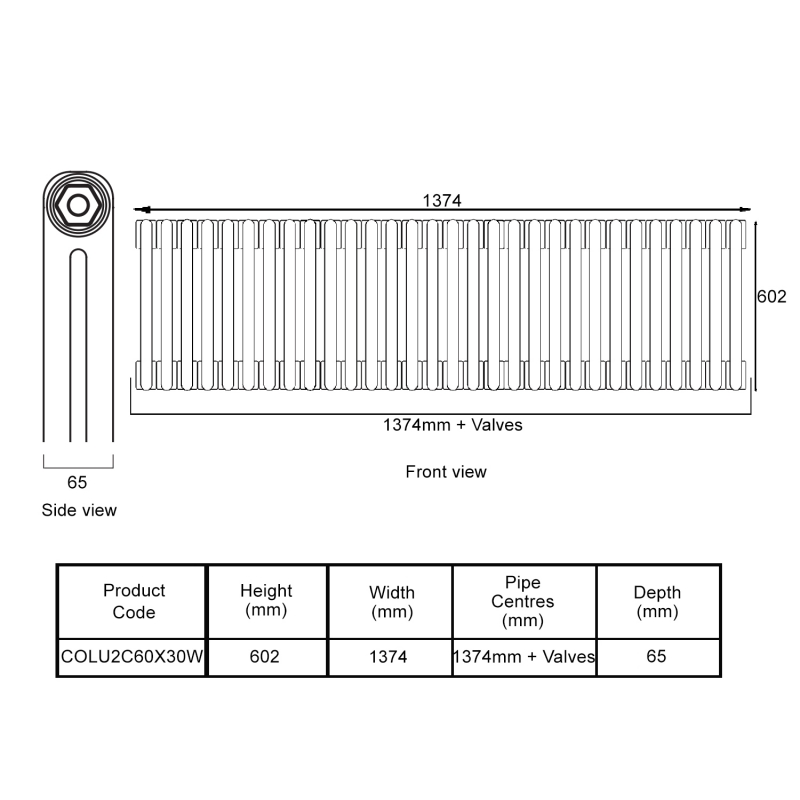 EcoRad Legacy White 2-Column Radiator 600mm High x 1374mm Wide 30 Sections