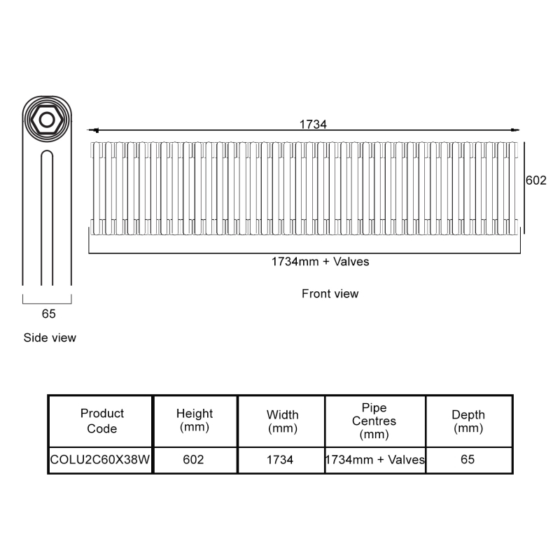 EcoRad Legacy White 2-Column Radiator 600mm High x 1734mm Wide 38 Sections  | Dimension Image