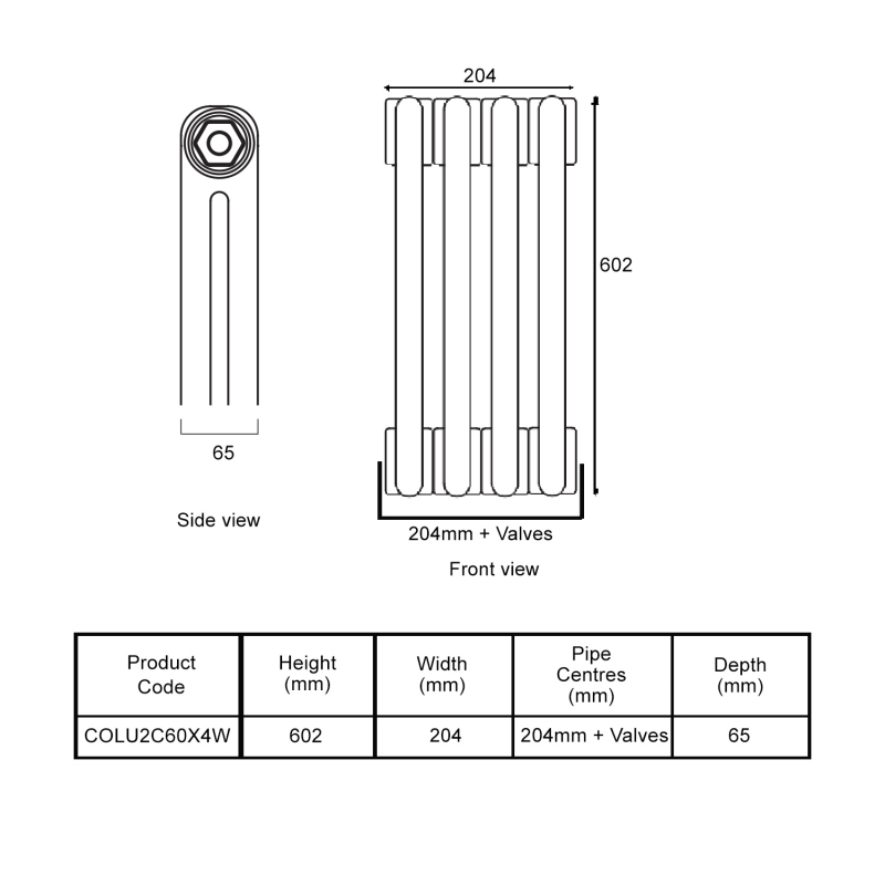 EcoRad Legacy White 2-Column Radiator 600mm High x 204mm Wide 4 Sections