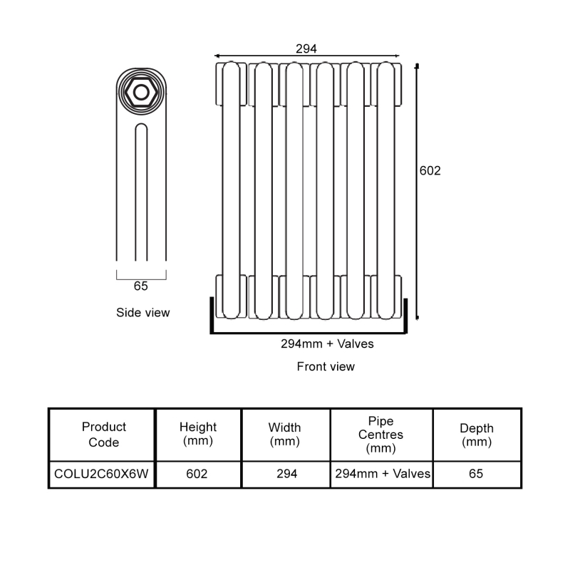 EcoRad Legacy White 2-Column Radiator 600mm High x 294mm Wide 6 Sections