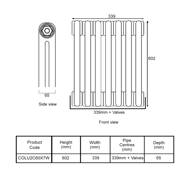 EcoRad Legacy White 2-Column Radiator 600mm High x 339mm Wide 7 Sections  | Dimension Image