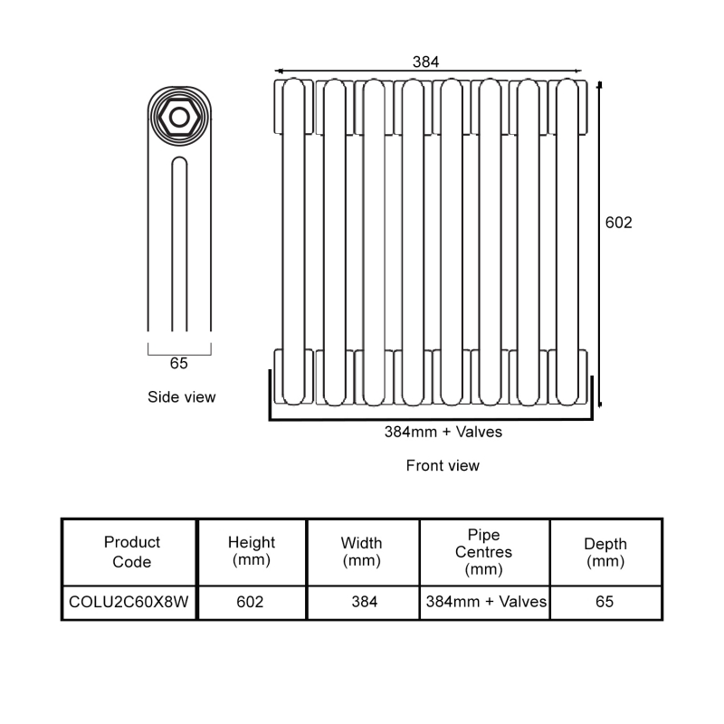 EcoRad Legacy White 2-Column Radiator 600mm High x 384mm Wide 8 Sections  | Dimension Image