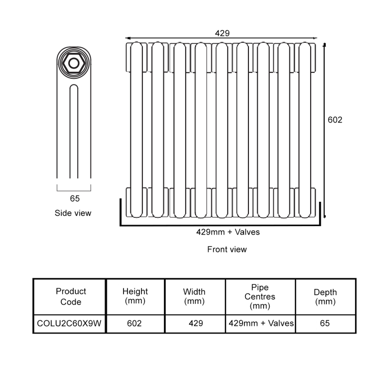 EcoRad Legacy White 2-Column Radiator 600mm High x 429mm Wide 9 Sections