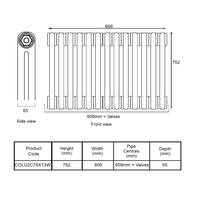 EcoRad Legacy White 2-Column Radiator 752mm High x 609mm Wide 13 Sections