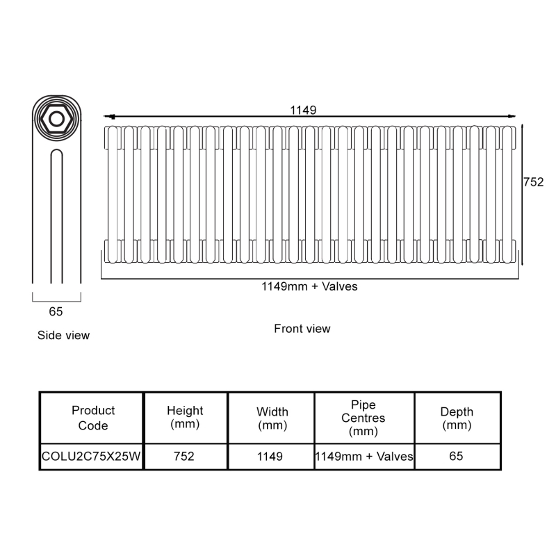 EcoRad Legacy White 2-Column Radiator 752mm High x 1149mm Wide 25 Sections