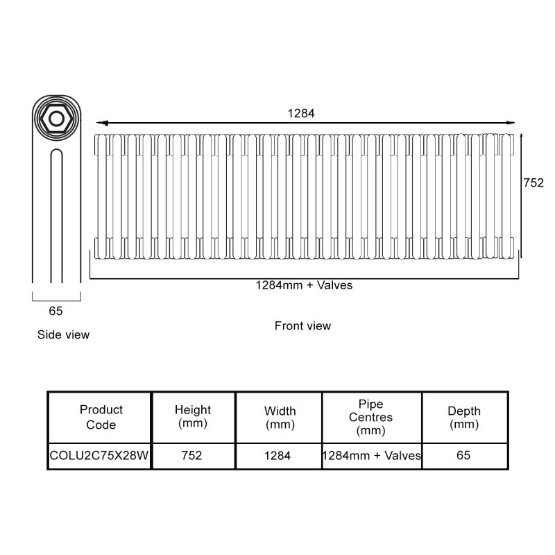 EcoRad Legacy White 2-Column Radiator 752mm High x 1284mm Wide 28 Sections  | Dimension Image