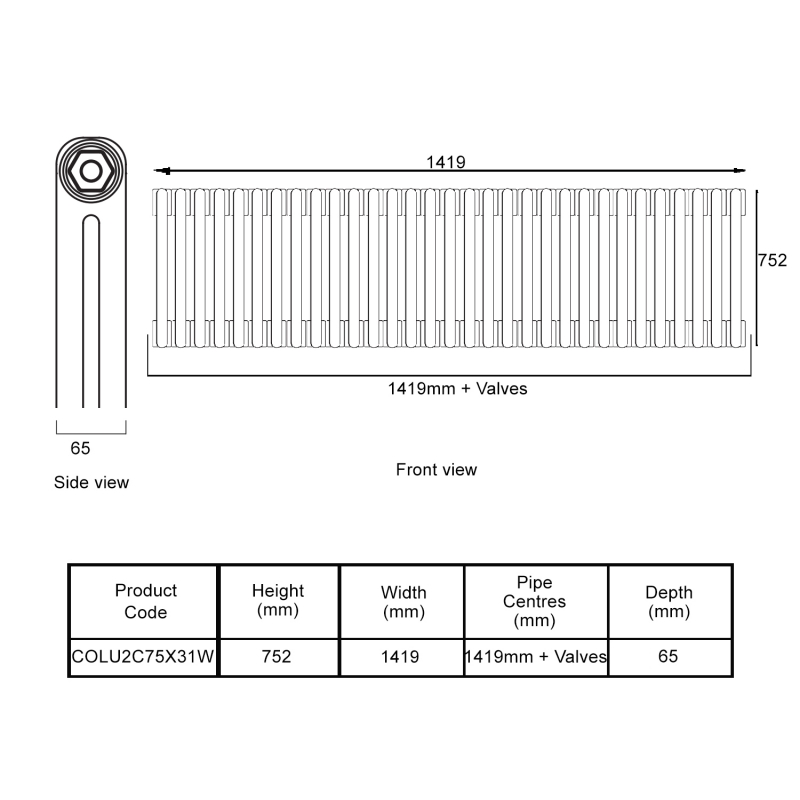 EcoRad Legacy White 2-Column Radiator 752mm High x 1419mm Wide 31 Sections  | Dimension Image