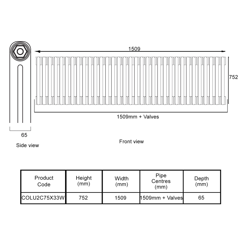 EcoRad Legacy White 2-Column Radiator 752mm High x 1509mm Wide 33 Sections