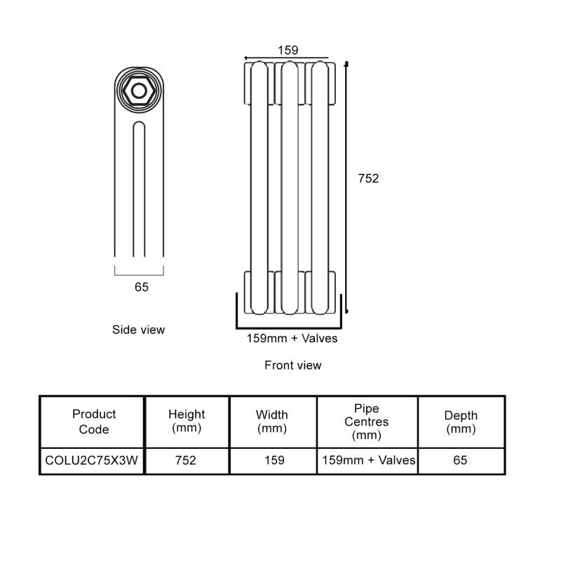 EcoRad Legacy White 2-Column Radiator 752mm High x 159mm Wide 3 Sections