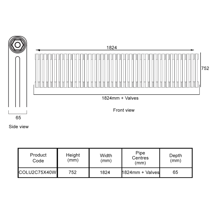 EcoRad Legacy White 2-Column Radiator 752mm High x 1824mm Wide 40 Sections