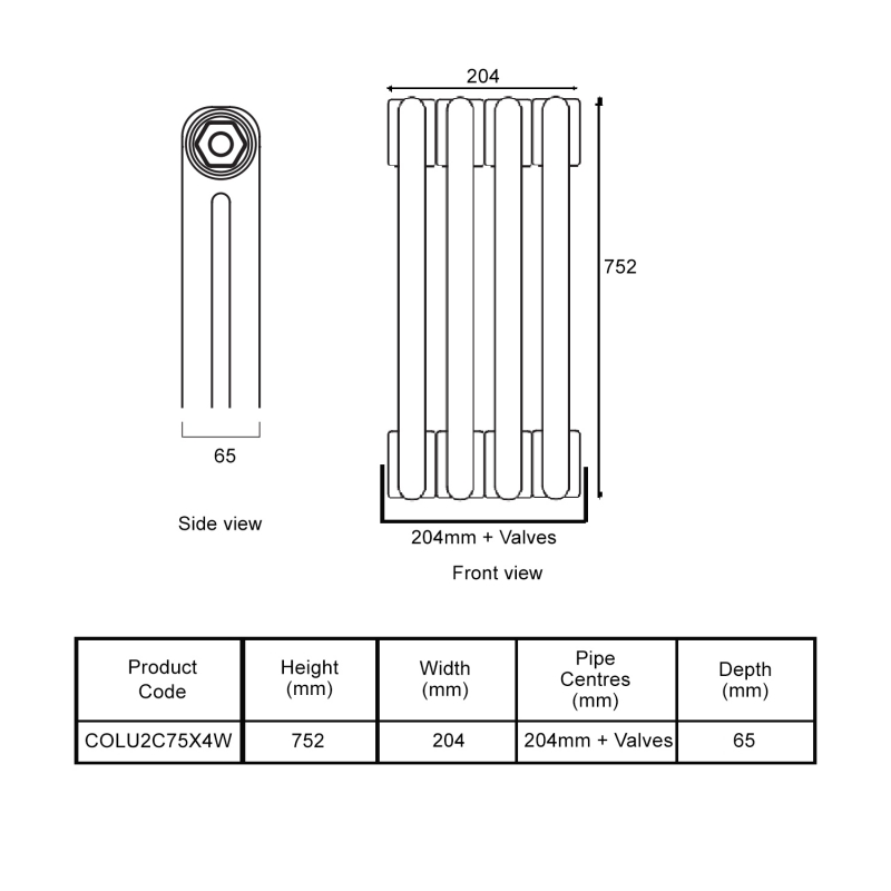 EcoRad Legacy White 2-Column Radiator 752mm High x 204mm Wide 4 Sections