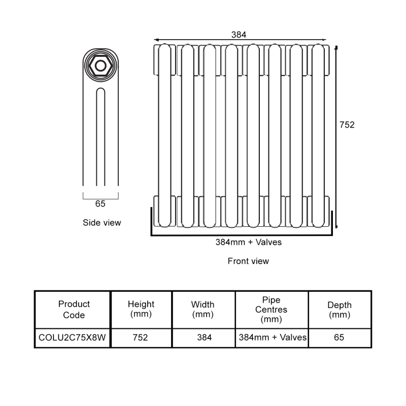 EcoRad Legacy White 2-Column Radiator 752mm High x 384mm Wide 8 Sections