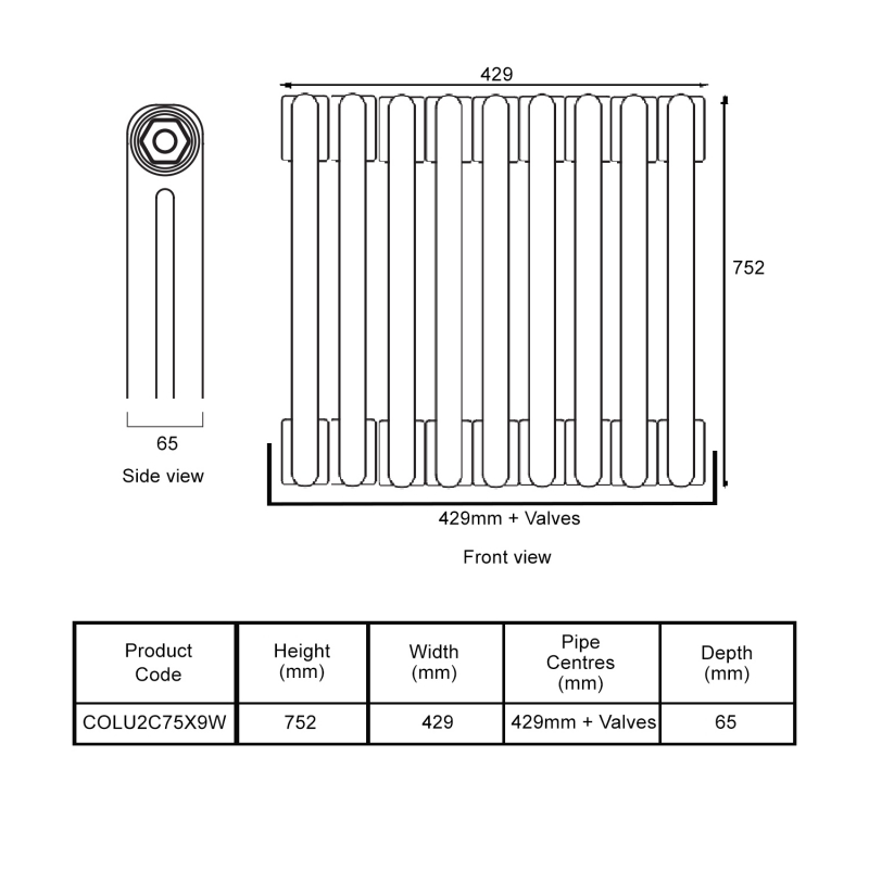 EcoRad Legacy White 2-Column Radiator 752mm High x 429mm Wide 9 Sections