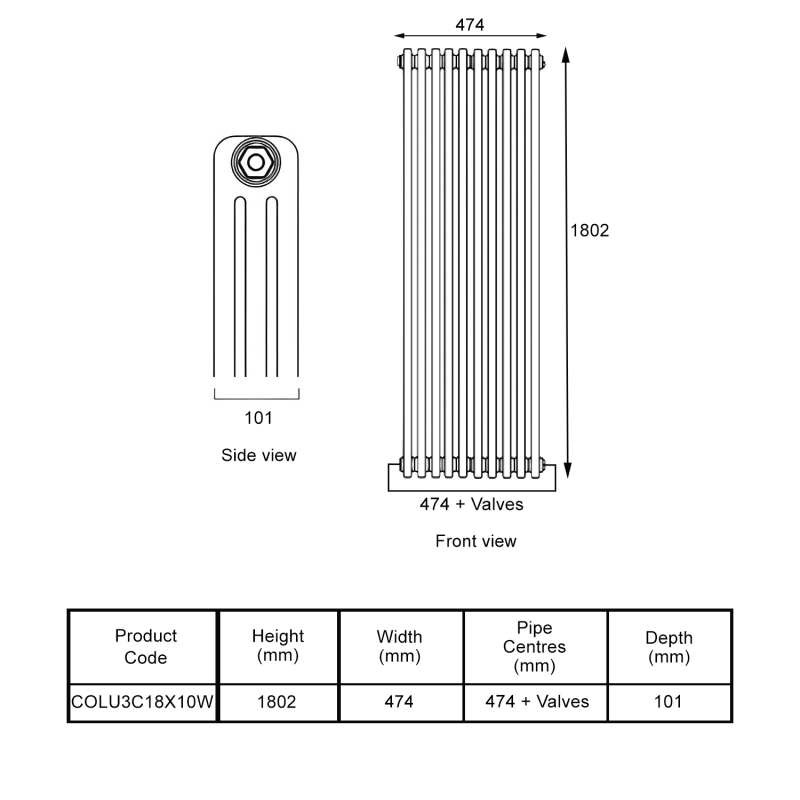 EcoRad Legacy White 3-Column Radiator 1800mm High x 474mm Wide 10 Sections