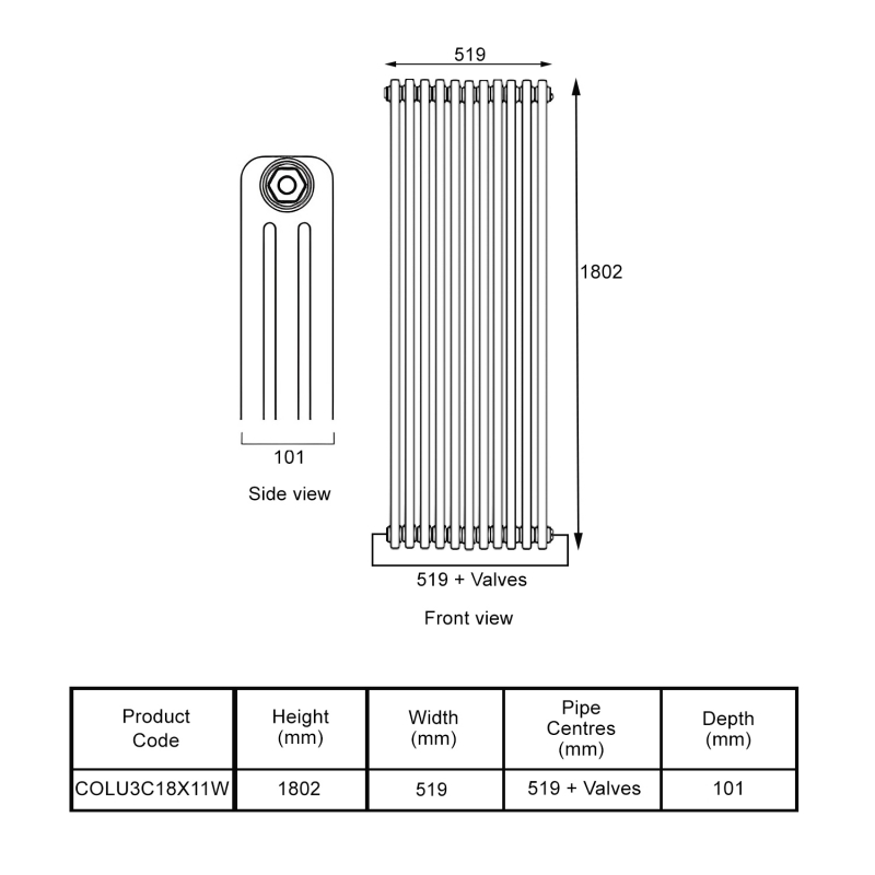 EcoRad Legacy White 3-Column Radiator 1800mm High x 519mm Wide 11 Sections