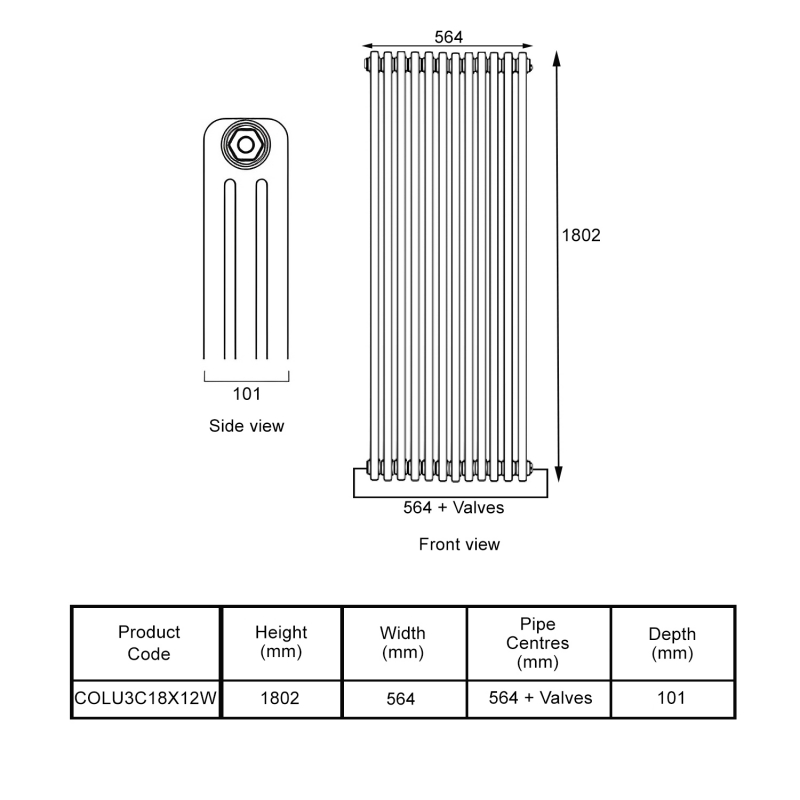 EcoRad Legacy White 3-Column Radiator 1800mm High x 564mm Wide 12 Sections