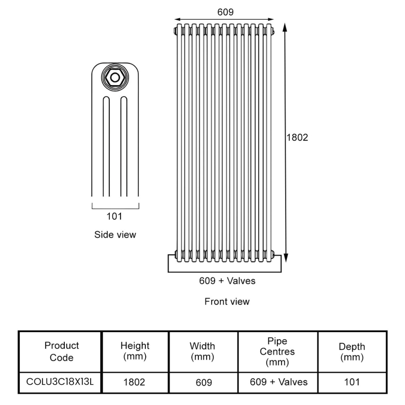 EcoRad Legacy Bare Metal Lacquer 3-Column Radiator 1800mm High x 609mm Wide 13 Sections
