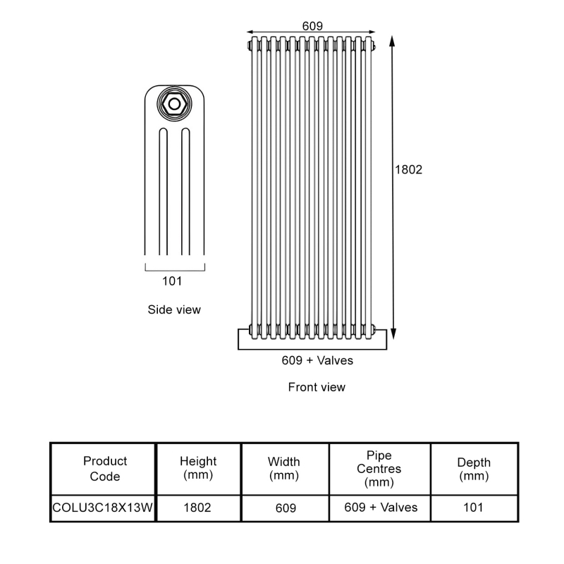 EcoRad Legacy White 3-Column Radiator 1800mm High x 609mm Wide 13 Sections