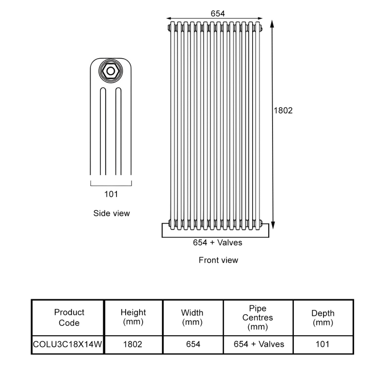 EcoRad Legacy White 3-Column Radiator 1800mm High x 654mm Wide 14 Sections