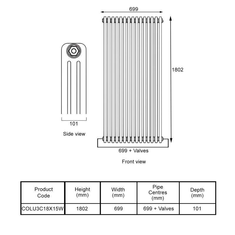 EcoRad Legacy White 3-Column Radiator 1800mm High x 699mm Wide 15 Sections
