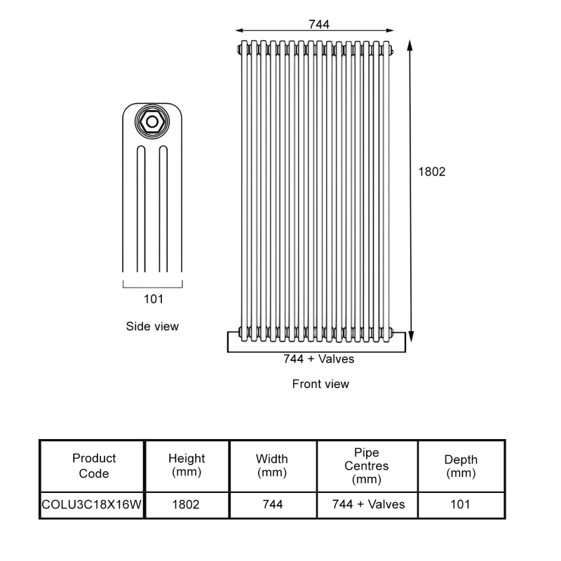 EcoRad Legacy White 3-Column Radiator 1800mm High x 744mm Wide 16 Sections