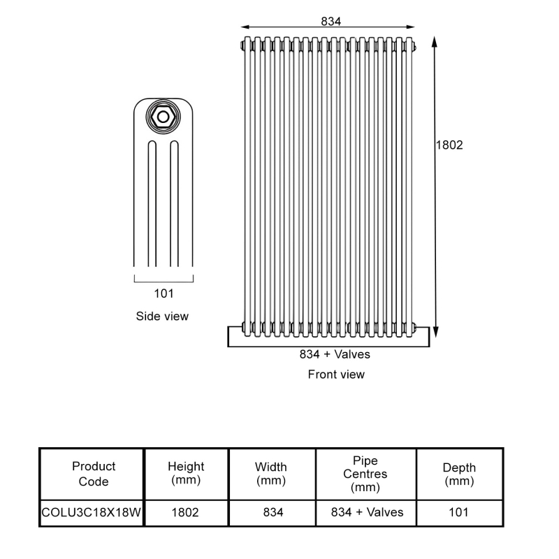 EcoRad Legacy White 3-Column Radiator 1800mm High x 834mm Wide 18 Sections