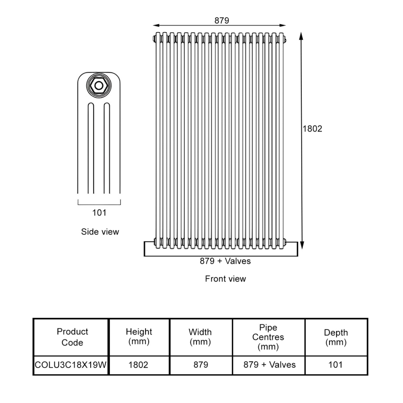 EcoRad Legacy White 3-Column Radiator 1800mm High x 879mm Wide 19 Sections
