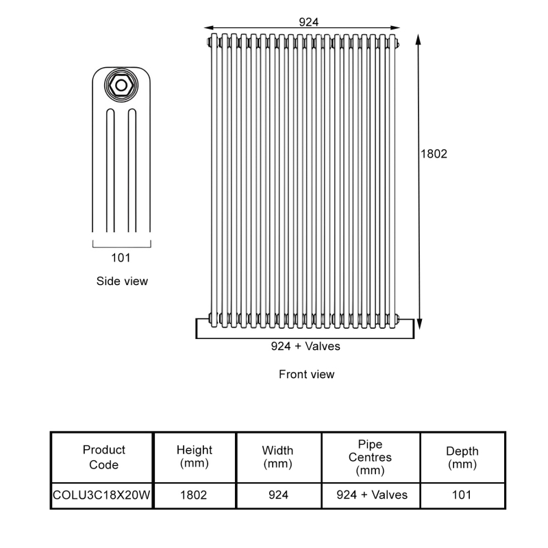EcoRad Legacy White 3-Column Radiator 1800mm High x 924mm Wide 20 Sections