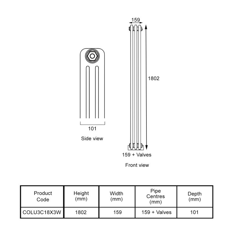 EcoRad Legacy White 3-Column Radiator 1800mm High x 159mm Wide 3 Sections