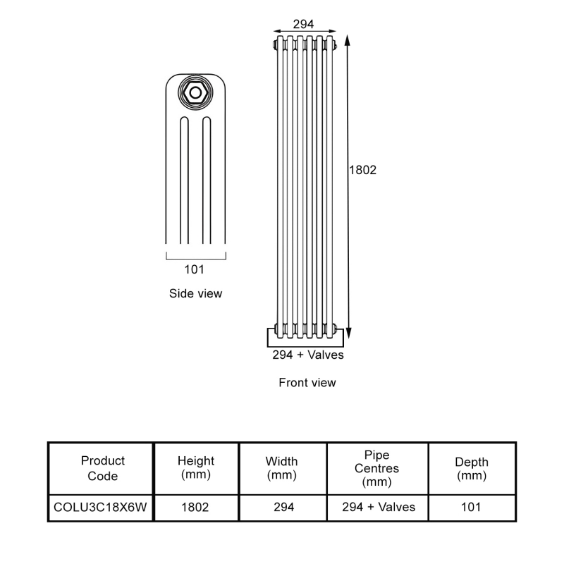 EcoRad Legacy White 3-Column Radiator 1800mm High x 294mm Wide 6 Sections  | Dimension Image
