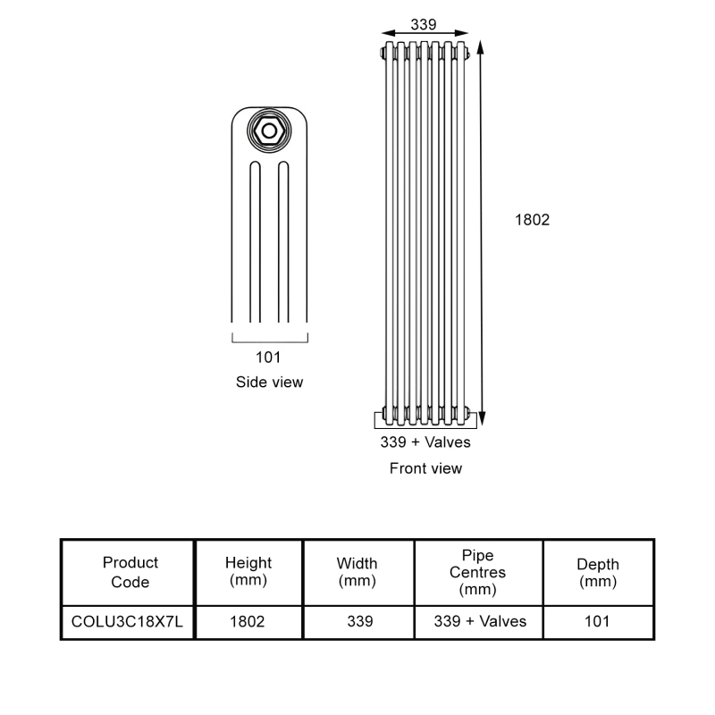 EcoRad Legacy Bare Metal Lacquer 3-Column Radiator 1800mm High x 339mm Wide 7 Sections