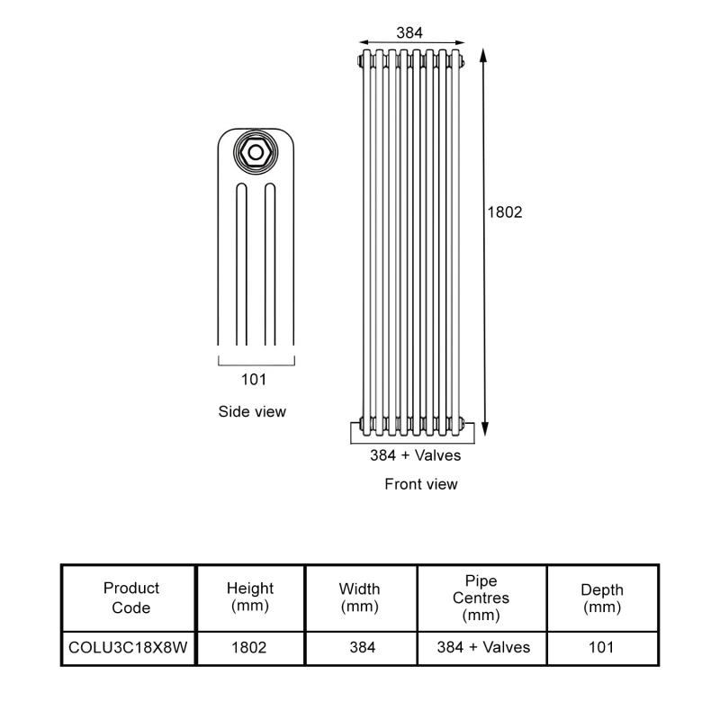 EcoRad Legacy White 3-Column Radiator 1800mm High x 384mm Wide 8 Sections  | Dimension Image