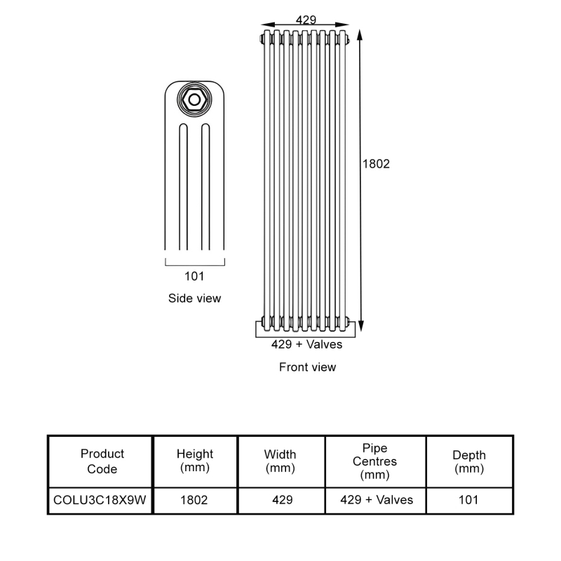 EcoRad Legacy White 3-Column Radiator 1800mm High x 429mm Wide 9 Sections