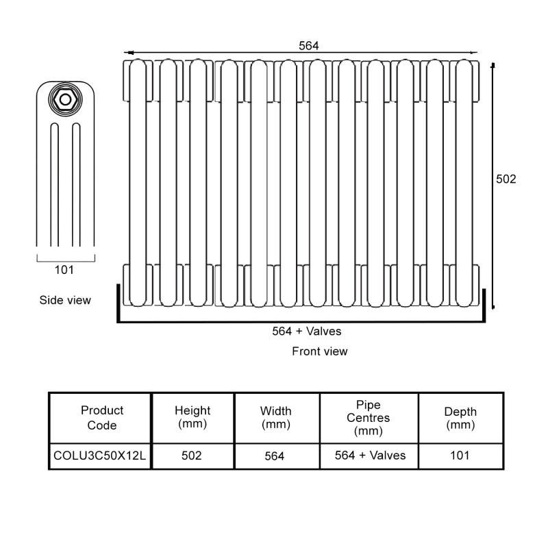 EcoRad Legacy Bare Metal Lacquer 3-Column Radiator 500mm High x 564mm Wide 12 Sections