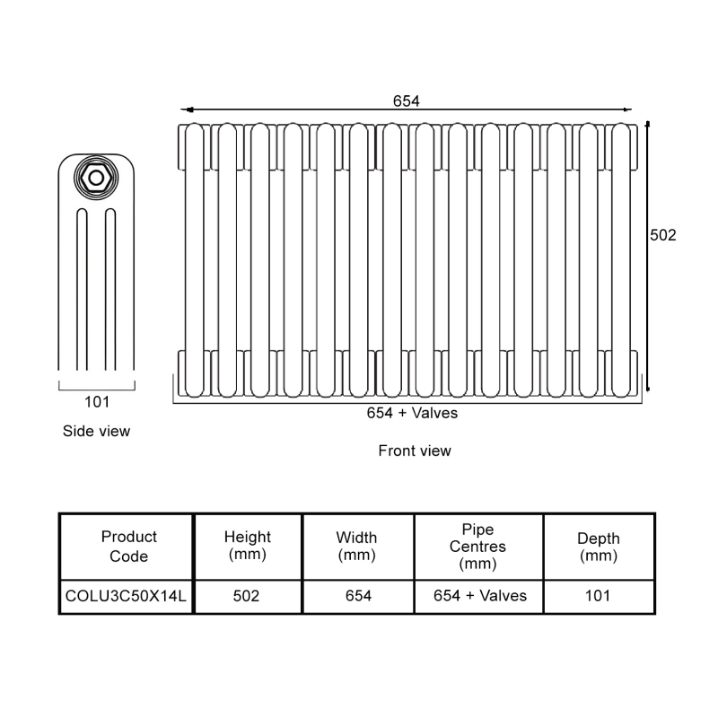 EcoRad Legacy Bare Metal Lacquer 3-Column Radiator 500mm High x 654mm Wide 14 Sections