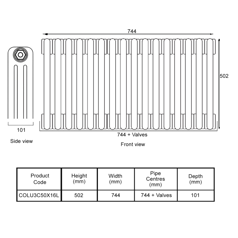 EcoRad Legacy Bare Metal Lacquer 3-Column Radiator 500mm High x 744mm Wide 16 Sections