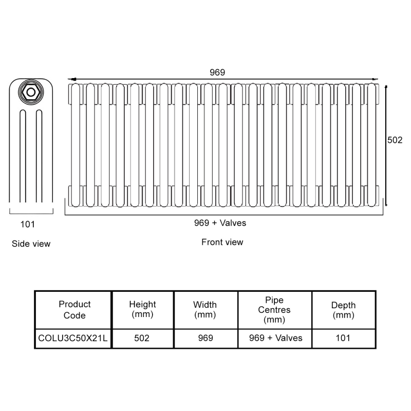 EcoRad Legacy Bare Metal Lacquer 3-Column Radiator 500mm High x 969mm Wide 21 Sections