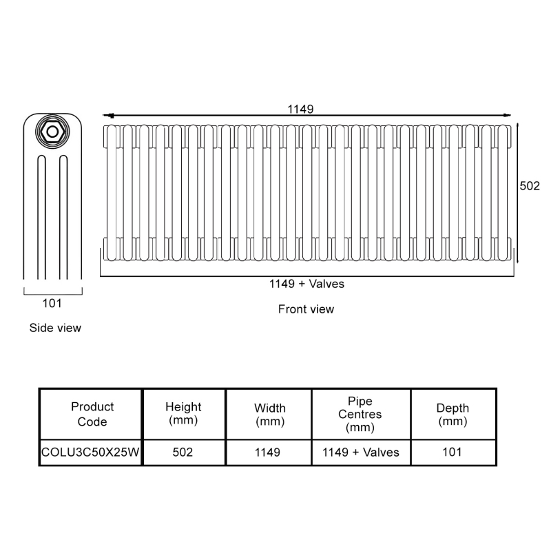 EcoRad Legacy White 3-Column Radiator 500mm High x 1149mm Wide 25 Sections