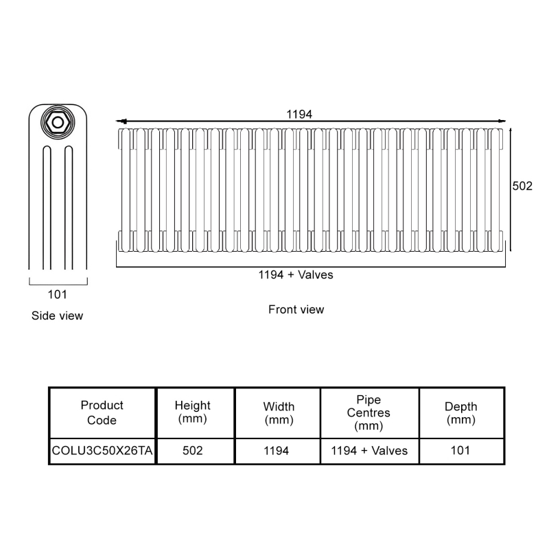 EcoRad Legacy Anthracite 3-Column Radiator 500mm High x 1194mm Wide 26 Sections