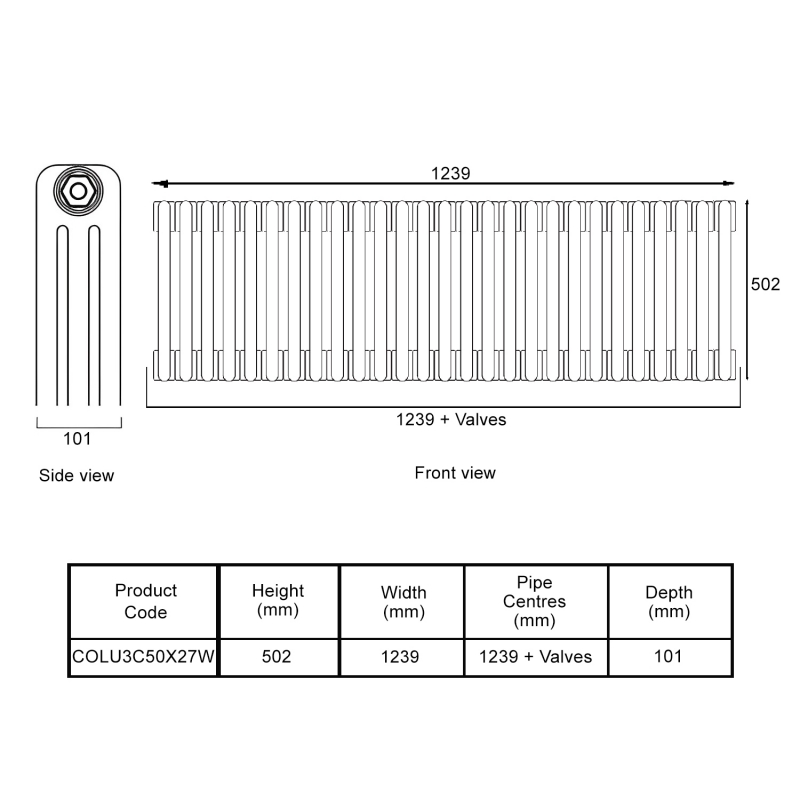 EcoRad Legacy White 3-Column Radiator 500mm High x 1239mm Wide 27 Sections  | Dimension Image