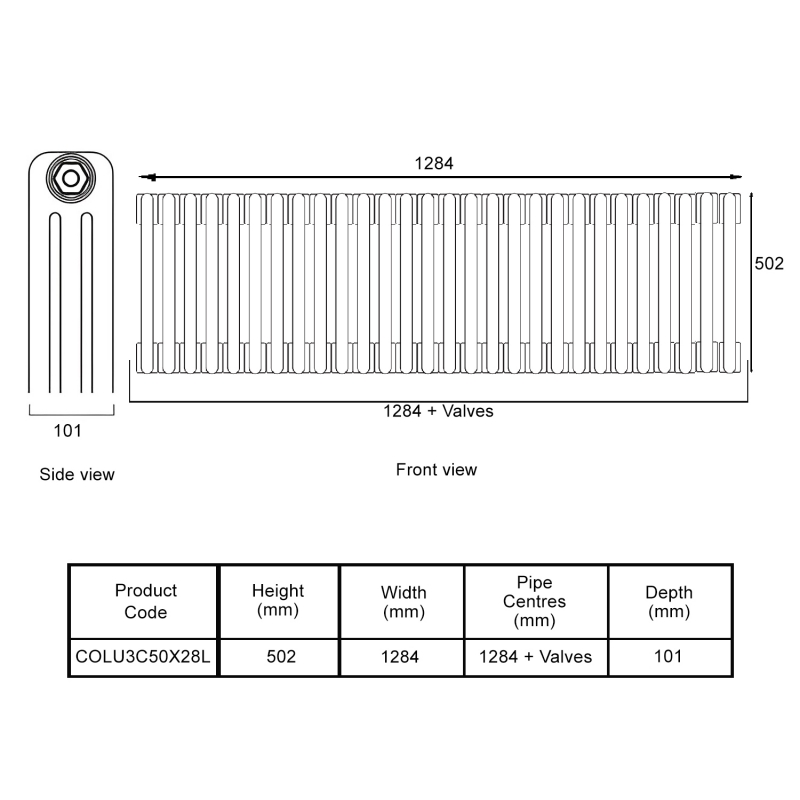 EcoRad Legacy Bare Metal Lacquer 3-Column Radiator 500mm High x 1284mm Wide 28 Sections