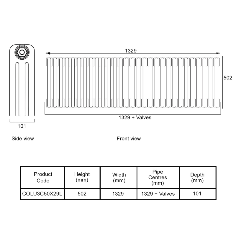 EcoRad Legacy Bare Metal Lacquer 3-Column Radiator 500mm High x 1329mm Wide 29 Sections