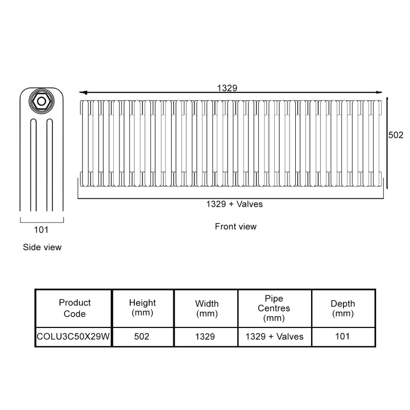 EcoRad Legacy White 3-Column Radiator 500mm High x 1329mm Wide 29 Sections
