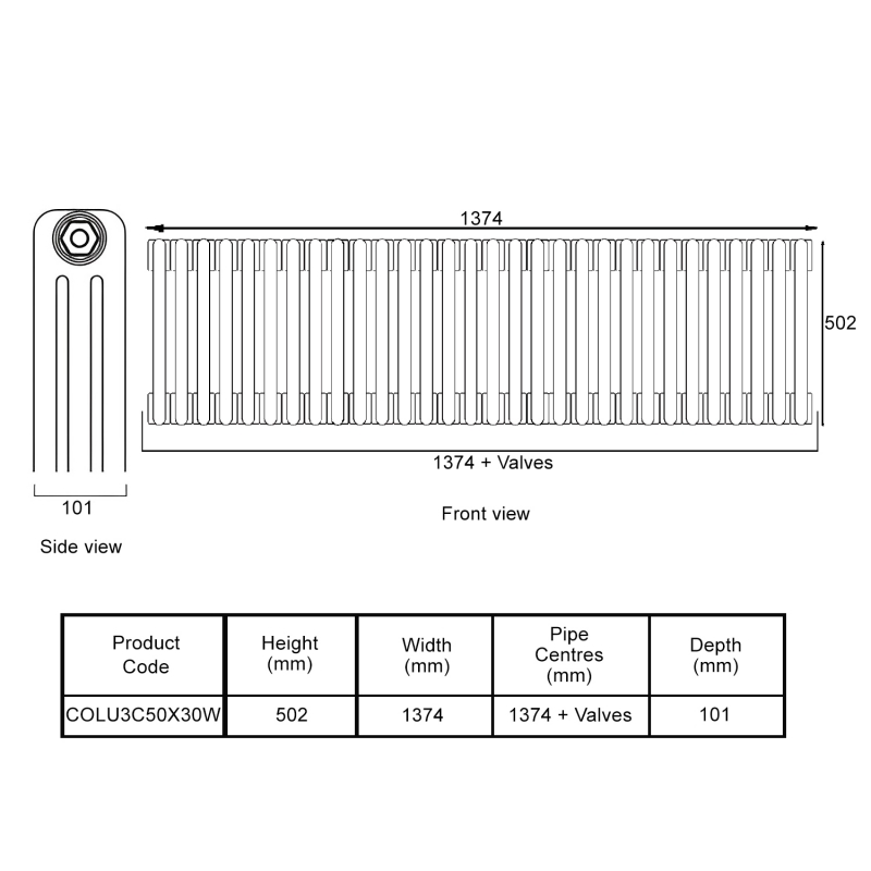 EcoRad Legacy White 3-Column Radiator 500mm High x 1374mm Wide 30 Sections