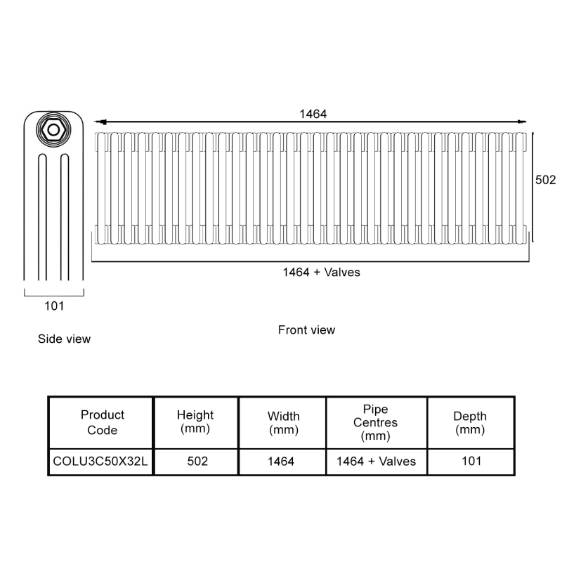 EcoRad Legacy Bare Metal Lacquer 3-Column Radiator 500mm High x 1464mm Wide 32 Sections