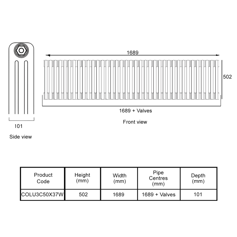 EcoRad Legacy White 3-Column Radiator 500mm High x 1689mm Wide 37 Sections  | Dimension Image