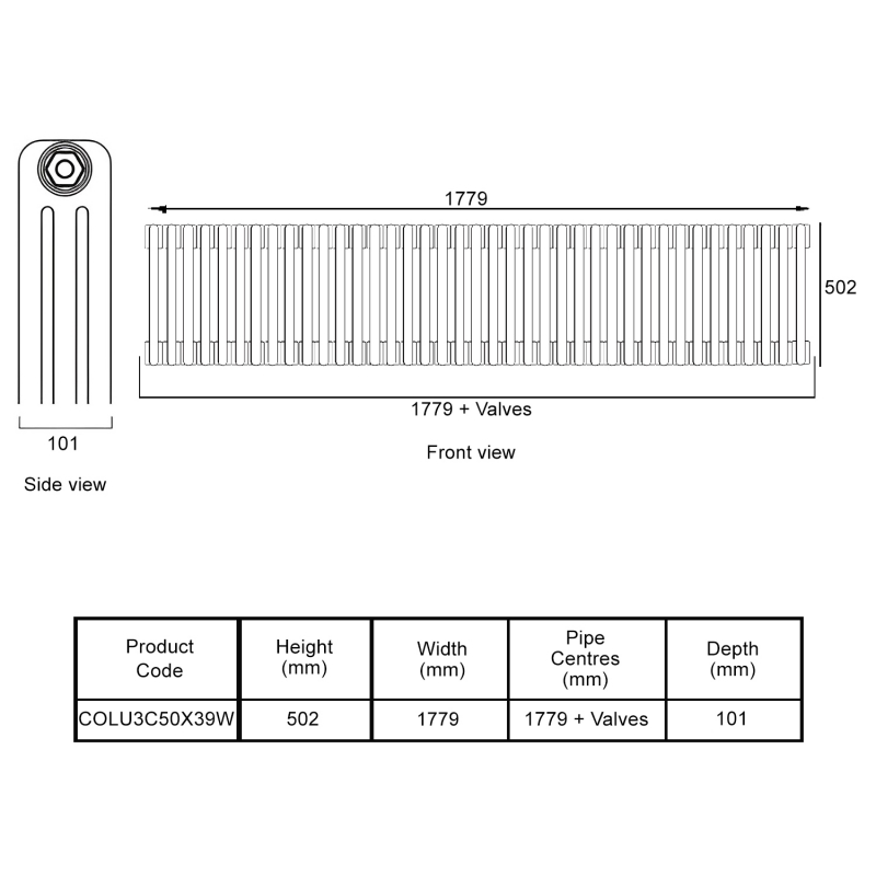 EcoRad Legacy White 3-Column Radiator 500mm High x 1779mm Wide 39 Sections  | Dimension Image