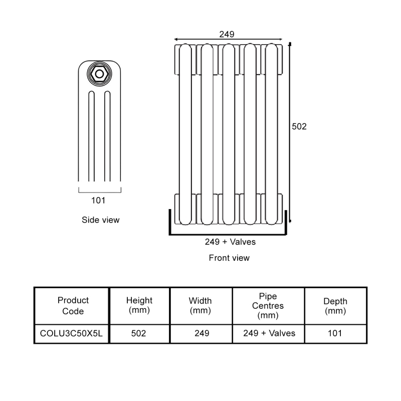 EcoRad Legacy Bare Metal Lacquer 3-Column Radiator 500mm High x 249mm Wide 5 Sections  | Dimension Image